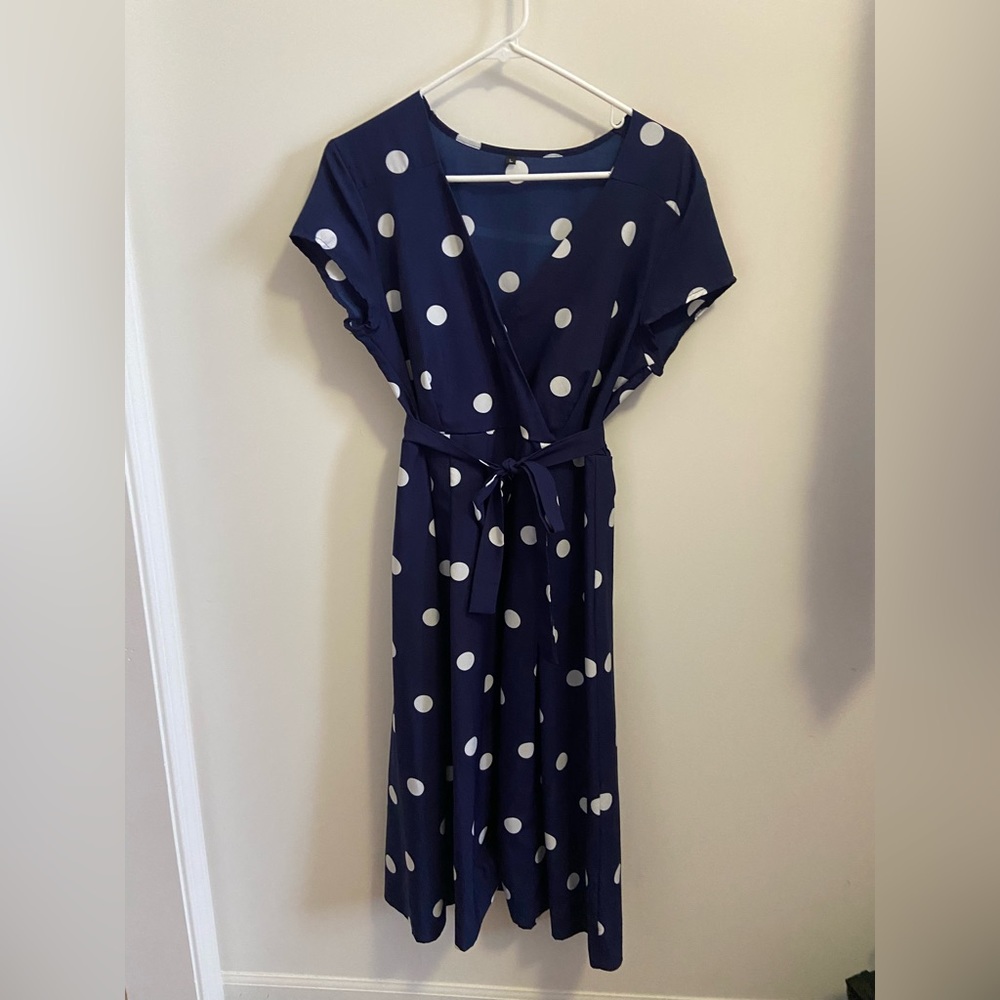 Navy white polka dot wrap dress